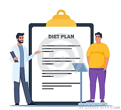 Fat man standing on weigh scales. Doctor explain about health and how to loose weight, Diet plan for obese patient, fat control Vector Illustration