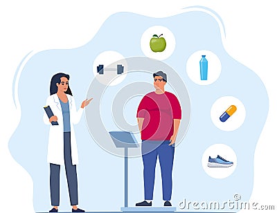 Fat man standing on weigh scales. Doctor explain about health and how to loose weight, Obese patient, fat control instruction, Vector Illustration