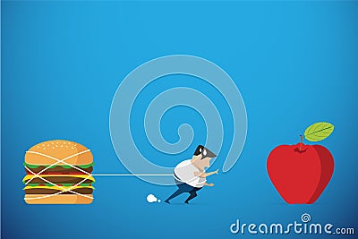 Fat man trying walk to red apple but hamburger hold him back, diet and health concept Vector Illustration