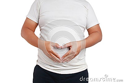 Fat man wearing a white shirt, hand made heart shape on the stomach. Stock Photo