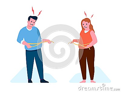 Fat man and woman measuring their bellies with centimeter meter tape. Waistline measurement. Weight gain control Vector Illustration