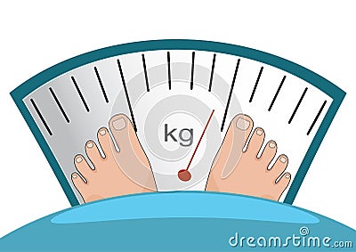 Fat man or woman standing on weight scale vector heavy weight Stock Photo