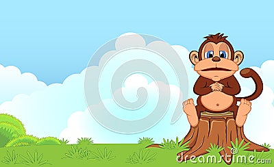 Fat monkey sitting in a wood cartoon in a garden Vector Illustration