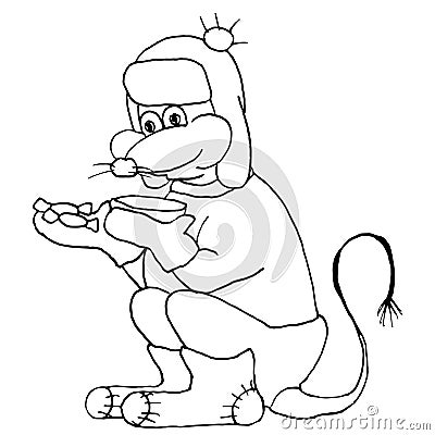 Mouse winter. Hand drawing sketch. Black outline on white background. Vector illustration Vector Illustration