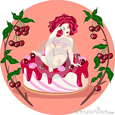 Fat naked lady sitting on a cherry cake. Vector illustration Vector Illustration