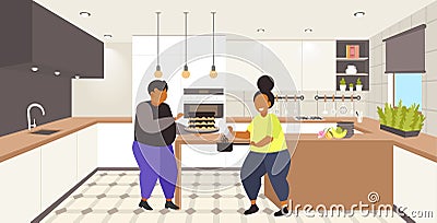 Fat obese coupe cooking sweet homemade dessert overweight man woman cooking cake unhealthy nutrition obesity concept Vector Illustration