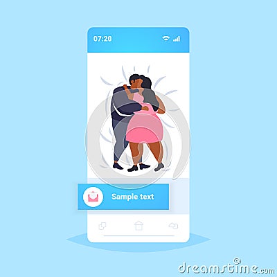 Fat obese couple dancing together overweight african american man woman embracing weight loss obesity concept smartphone Vector Illustration