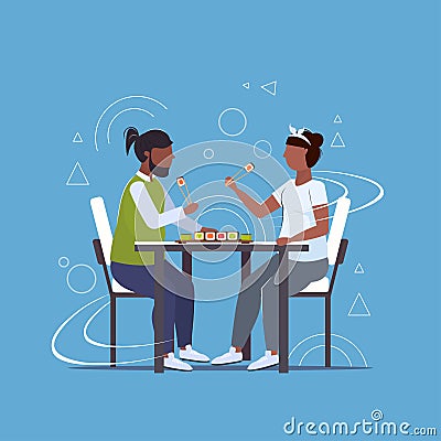 Fat obese couple eating sushi unhealthy lifestyle concept african american overweight man woman sitting at table Vector Illustration