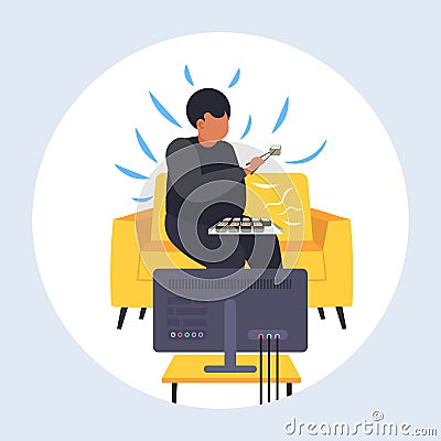 Fat obese man eating sushi overweight guy sitting on armchair watching tv obesity unhealthy nutrition concept flat full Vector Illustration