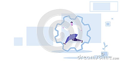 Fat obese man running in cog wheel hardworking process concept over size guy office worker inside corporate machinery Vector Illustration