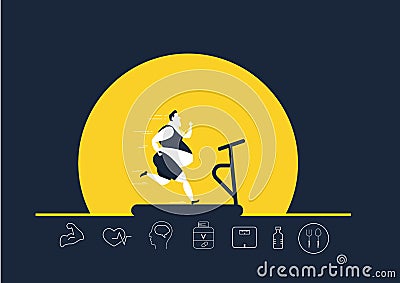 Fat obese man running on treadmill oversize fat guy weight loss with heath icon on yellow background illustrator Stock Photo