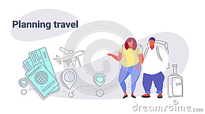 Fat obese man woman travelers standing together overweight couple planning travel concept people with baggage choosing Vector Illustration
