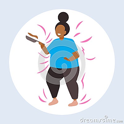 Fat obese woman cooking pancakes in frying pan unhealthy nutrition obesity concept overweight african american girl Vector Illustration