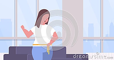 Fat obese woman measuring her waistline overweight girl using tape measure weight loss concept modern living room Vector Illustration