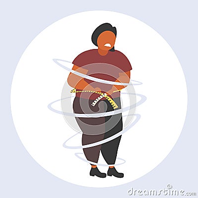Fat obese woman measuring her waistline sad african american overweight girl using tape measure weight loss obesity Vector Illustration