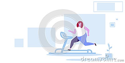 Fat obese woman running on treadmill oversize fatty girl weight loss cardio training concept overweight female cartoon Vector Illustration