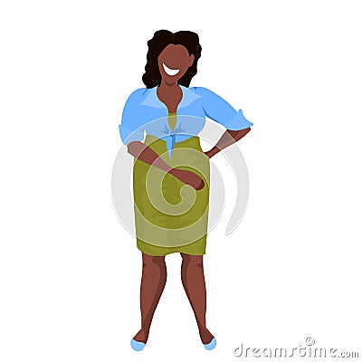 Fat obese woman standing pose african american overweight casual girl obesity concept female cartoon character full Vector Illustration