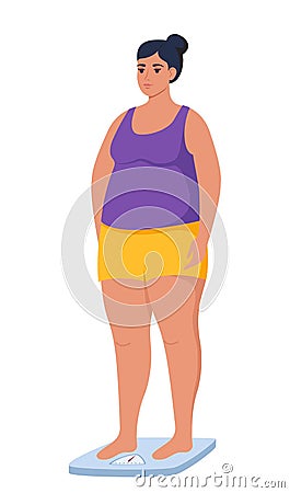 Fat obese woman standing on weigh scales. Oversize fatty girl. Obesity weight control concept. Overweight female cartoon character Vector Illustration