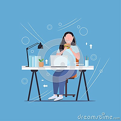 Fat obese woman using laptop eating burger fast food unhealthy lifestyle concept overweight girl freelancer sitting at Vector Illustration