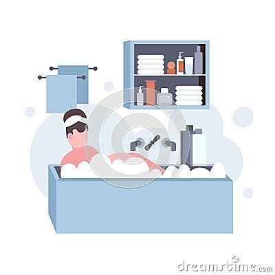Fat obese woman washing relaxing in bath with foam overweight girl lying in bathtub obesity concept modern bathroom Vector Illustration