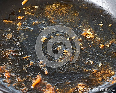 Fat and oil in frying pan, dangerous cancer causing carcinogens, used trans fat on saucepan Stock Photo