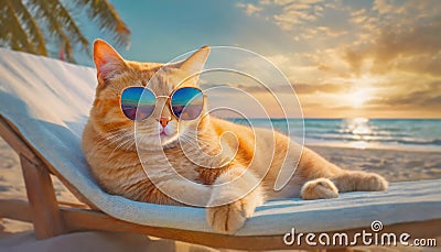 Fat orange cat wearing sunglasses laying on a sunbed at the beach. Ginger tomcat boss summer holiday resting seaside on a tropical Stock Photo