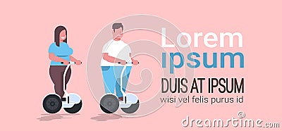 Fat overweight couple riding electrical self balancing scooter obese man woman on electric gyroscooter weight loss Vector Illustration