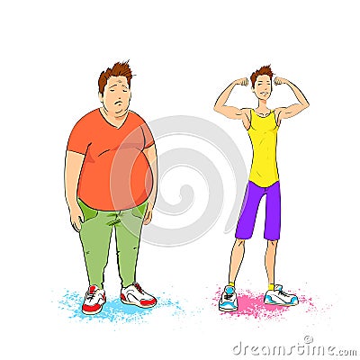 Fat overweight and fit athletic sport man show Vector Illustration