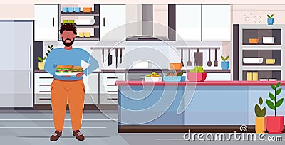 Fat overweight man holding tray with hamburgers unhealthy lifestyle concept obese guy eating fast food modern home Vector Illustration