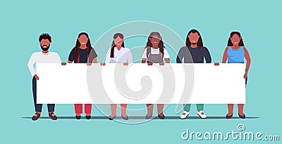 Fat overweight people group holding empty placard sign board demonstration concept obese african american men women Vector Illustration