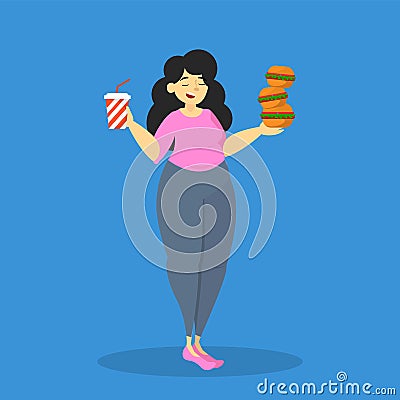 Fat overweight woman eat junk food. Adult eating Stock Photo