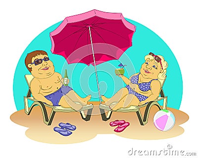 Fat people on the beach Cartoon Illustration