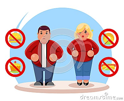 Fat people diet character beauty figure body lose overweight health refusal junk food flat cartoon design vector Vector Illustration