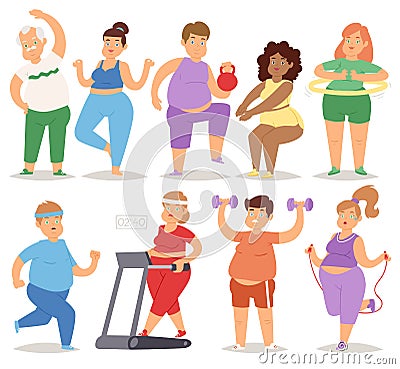 Fat people doing exercise training gym gymnasium sport fatty food rich character workout vector illustration. Vector Illustration