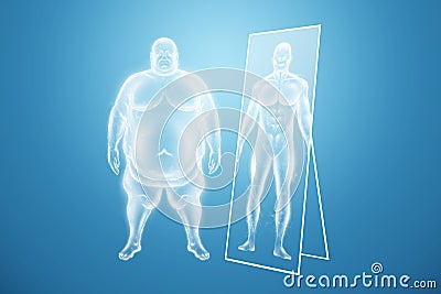 A fat person looks in the mirror and dreams of becoming thin. The concept of obesity, overweight, health problems, diet, diabetes Cartoon Illustration