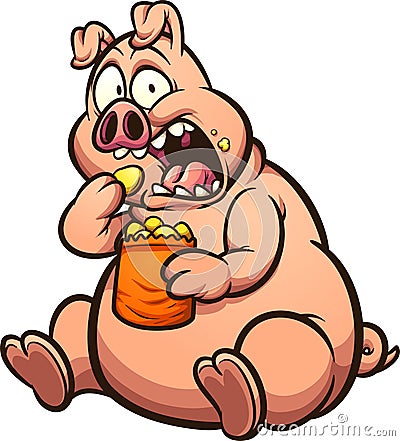 Fat pig eating chips with a surprised look on its face Vector Illustration