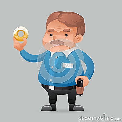 Fat policeman security guard with donut Icon retro cartoon symbol template vector illustration Vector Illustration
