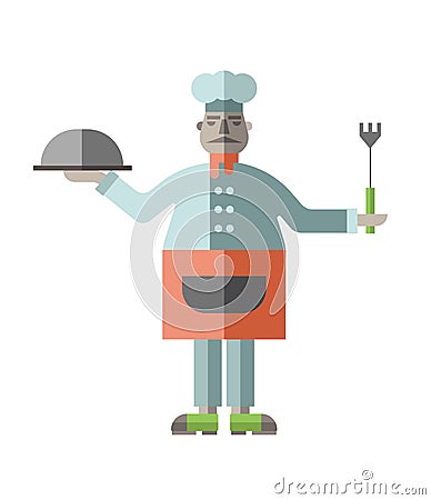 Fat restaurant chef with prepared dish and fork in his hands. Vector illustration in flat style, isolated on white. Vector Illustration