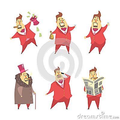 Fat Rich Millionaire Man in Red Suit with Money Sack, Smoking Cigar and Reading Newspaper Vector Set Stock Photo