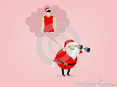 Fat santa claus is holding dumbbell and imagine him self to be shapely Vector Illustration