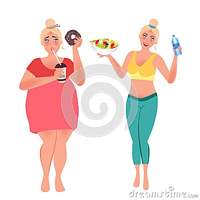 Fat and slim girl. The concept of healthy and unhealthy diet. Diet, sports. Vector graphics Vector Illustration