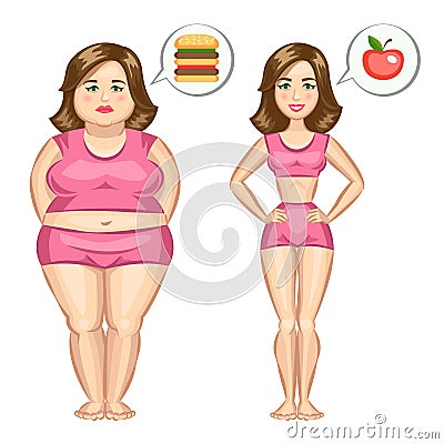 Fat and slim girl with hamburger and apples. Vector Illustration
