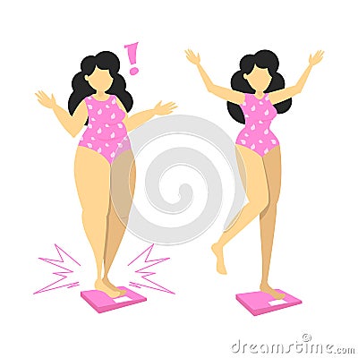 Fat and slim girl standing on scales Stock Photo