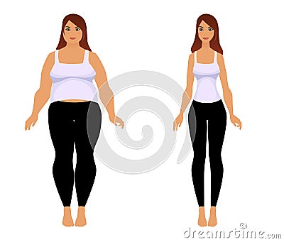 Fat and slim girl. Weight loss fitness. Vector Illustration