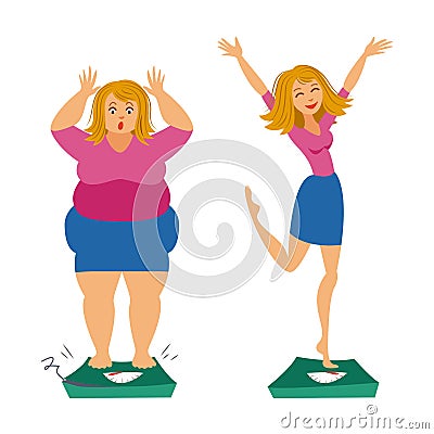 Fat and slim girls. Sadly thick woman and happy slender woman. Vector Illustration