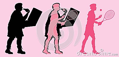 Fat and slim man silhouette by eating pizza and playing tennis Vector Illustration