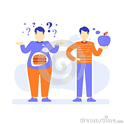 Fat and slim men, thick and thin male person comparison, obesity and fit body, overweight or over consumption Vector Illustration