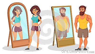 Fat and slim people with reflection in mirrors Vector Illustration