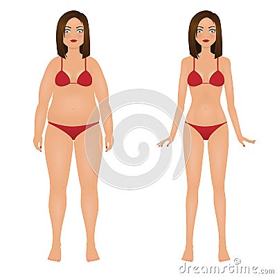 Fat and slim woman in red bikini. Girl before and after weight loss. vector illustration. Vector Illustration