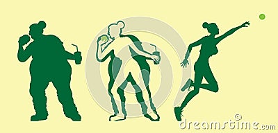 Fat and slim woman silhouettes lose weight with exercising shot put Vector Illustration